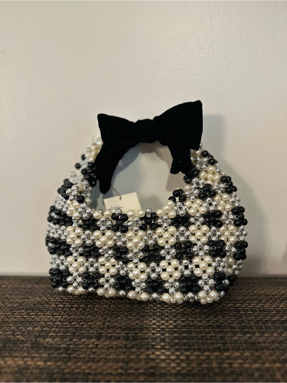NWT A New Day Black & White Beaded Checkered Shoulder Bag with Bow Pearl - Picture 12 of 12